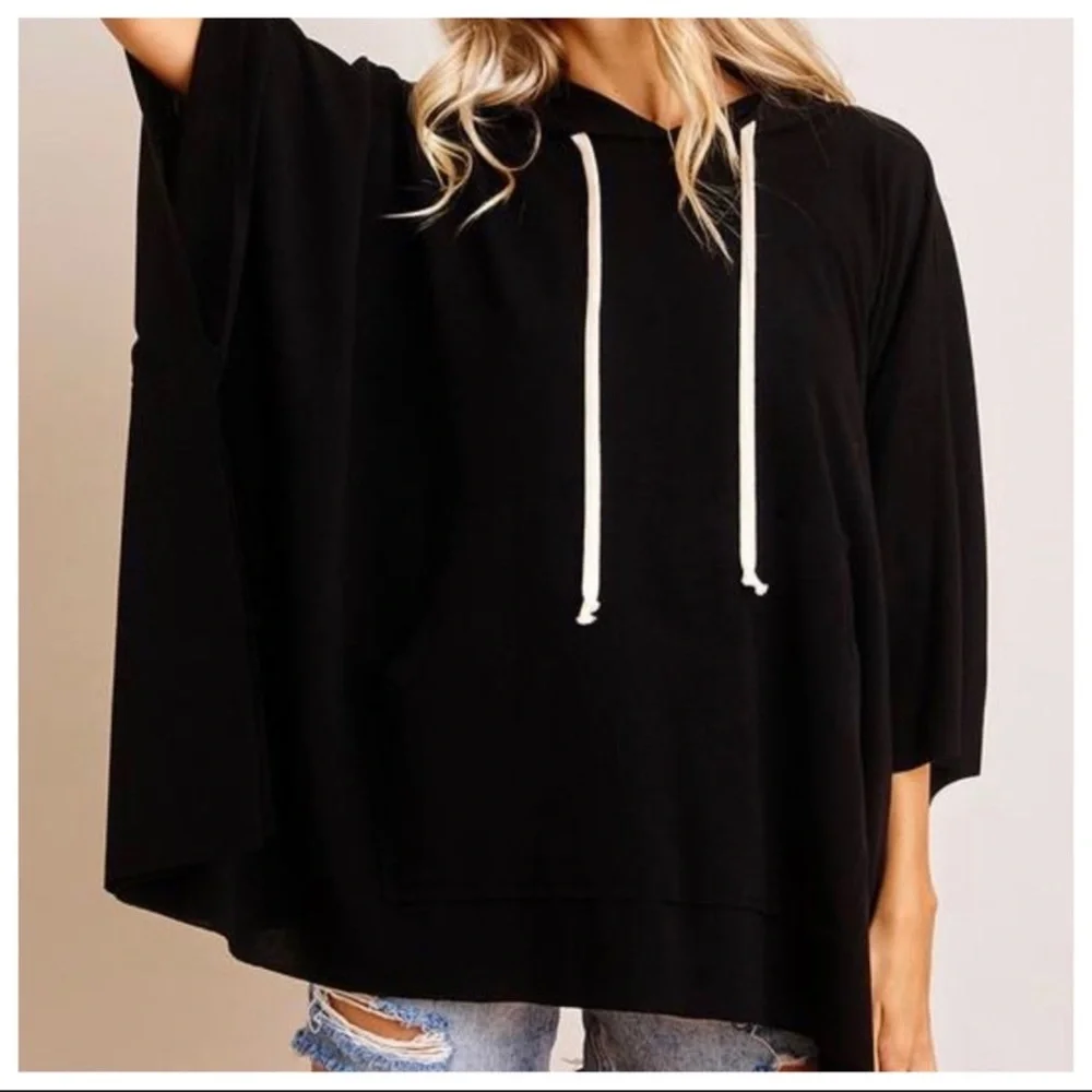 Fabulous Oversized Shark Bite Hem Hoodie Tunic Top with Front Pockets - Picture 2 of 4